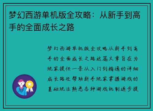 梦幻西游单机版全攻略：从新手到高手的全面成长之路