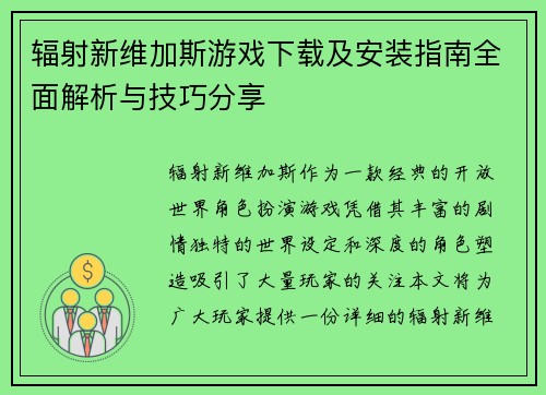 辐射新维加斯游戏下载及安装指南全面解析与技巧分享