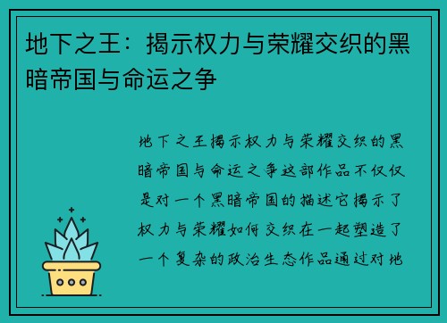 地下之王：揭示权力与荣耀交织的黑暗帝国与命运之争